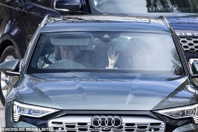 Cancer-stricken King Charles smiled this morning as Queen Camilla waved friendly to well-wishers as they headed to the Sunday service at Crathie Kirk.