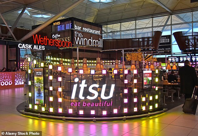 Other big price increases came at Itsu, where its Itsu Classics set, which includes sashimi, salmon, prawn sushi, wasabi and soy sauce, is selling for £11.99 at Stansted (pictured).