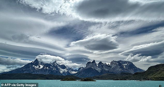 View of the Paine Massif in the Torres del Paine National Park in the Magallanes Region of Chile, southern Chile, 400 km northwest of Punta Arenas, on January 7, 2024.