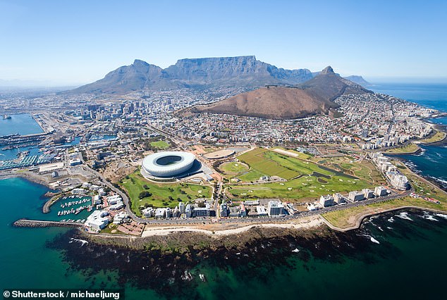 An aerial view of Cape Town, South Africa, with the world-famous Table Mountain in the background