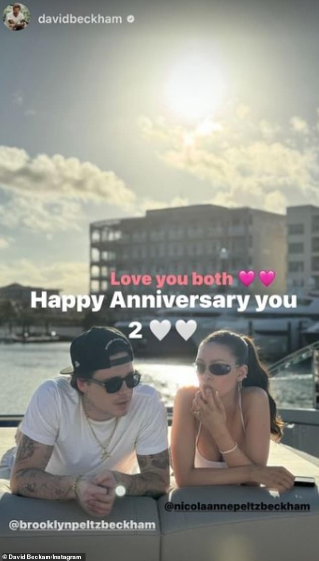 Brooklyn's parents, David and Victoria, took to their Instagram Stories to share photos of the loved-up couple to mark their second anniversary.