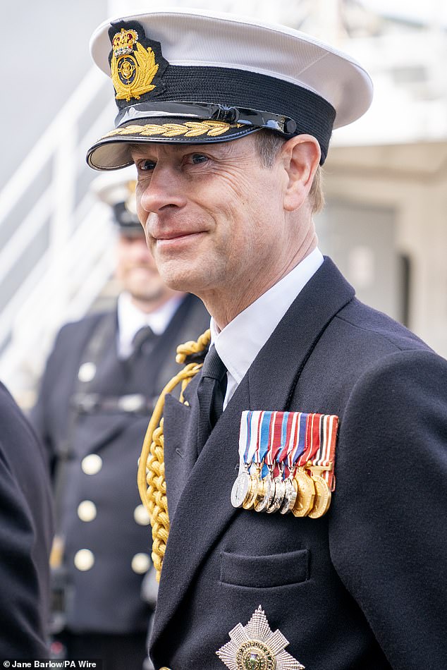 The Duke of Edinburgh, 60, who resigned from the Royal Marines after just four months, will today be appointed a new Colonel after being chosen by the King (pictured: Prince Edward in front of the Dedication Service for the Ship Auxiliary of the Royal Fleet. RFA Stirling Castle, Leith on Thursday)
