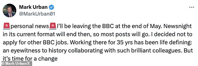 Addressing his social media followers on Sunday, Urban announced he will be parting ways with the BBC just weeks after deciding it was 