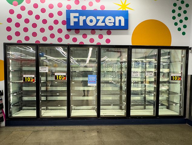 It was reported earlier this week that Pic 'N' Save Bargains CEO Mark Miller hopes to save around half of the stores, but a deal has yet to be reached.  Pictured: An empty freezer at 11040 West Pico Boulevard in Los Angeles