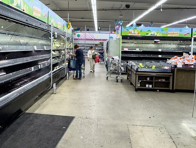 Many shelves seemed completely empty of all their products, while a freezer was also completely empty.  Pictured: A store on West Pico Boulevard in Los Angeles.