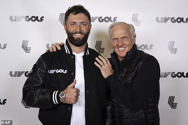 Rahm (pictured with Greg Norman) signed a deal worth £450m at the end of 2023.