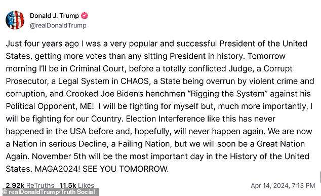 In his post, Trump said New York state was governed by 'Biden minions' who are 'rigging the system' against him.