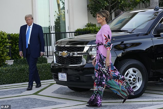 Trump, left, arrives with Melania Trump at a Republican Party fundraiser, Saturday, April 6, 2024, in Palm Beach.
