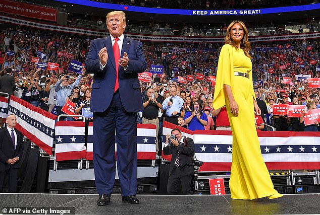 Donald and Melania Trump arrive for the official launch of the Trump 2020 campaign at the Amway Center in Orlando, Florida on June 18, 2019.