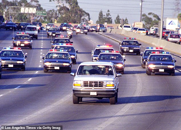 On June 17, 1994, just days after the fatal stabbings, OJ led police on a 90-minute chase in the back of former teammate Al Cowlings' white 1993 Ford Bronco as crowds lined the street. highway.