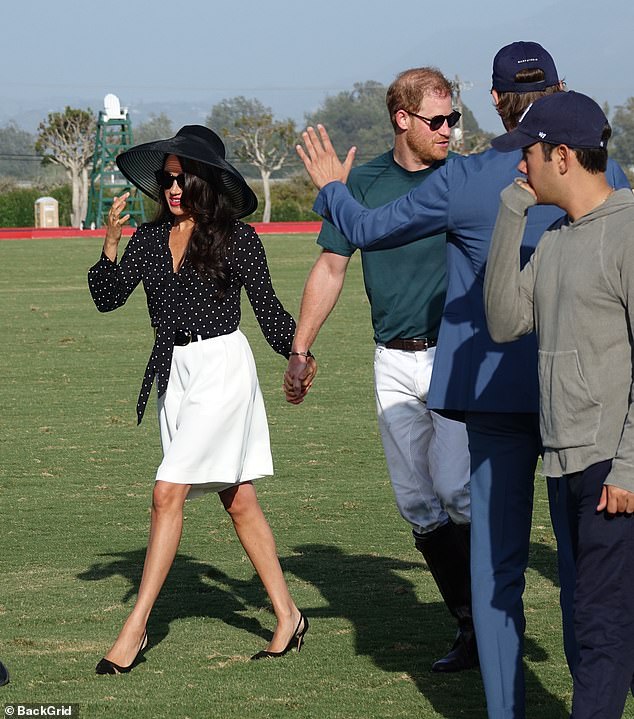 The Duchess has previously favored stilettos on sports fields (pictured at a Santa Barbara polo match in 2022)