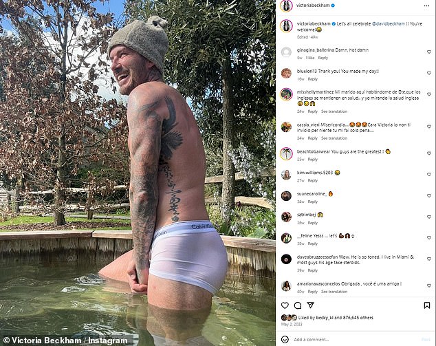 In May last year, David's daring Calvin Klein pants made another appearance when Victoria shared a photo of the hunk in a hot tub with her hands covering his manhood.
