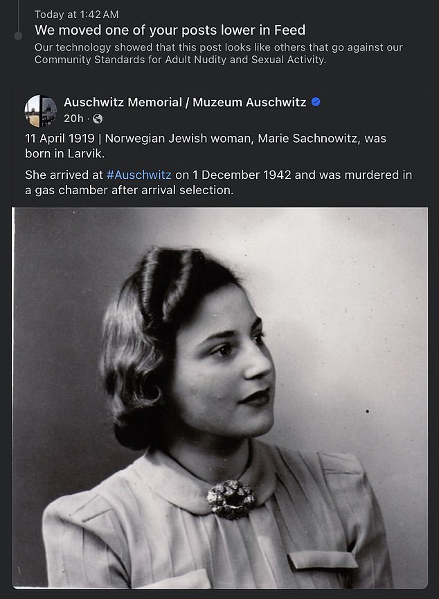 Norwegian Marie Sachnowitz was murdered in a gas chamber after arriving in December 1942. According to Facebook, the post violated its privacy standards. 