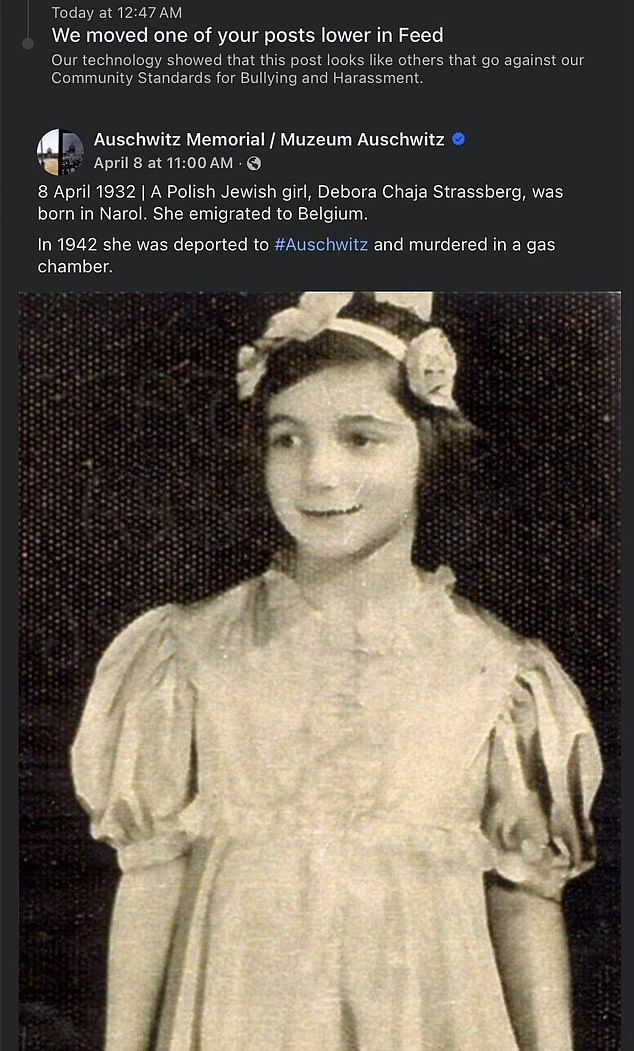 This memorial post about 10-year-old Jewish girl Debora Chaja Strassberg, who was murdered in an Auschwitz gas chamber in 1942, was also flagged by Facebook's moderation systems.