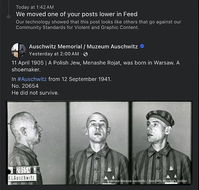 This Auschwitz Memorial Museum post about Polish Jew Menashe Rojat, prisoner number 20654, was removed by Facebook for being 