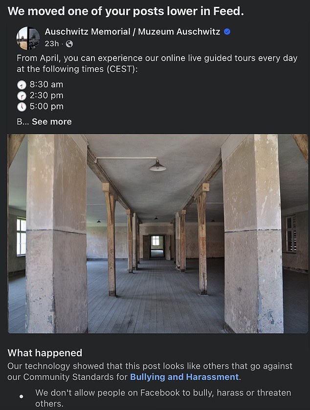 Facebook flagged this post about guided tours of Auschwitz as 
