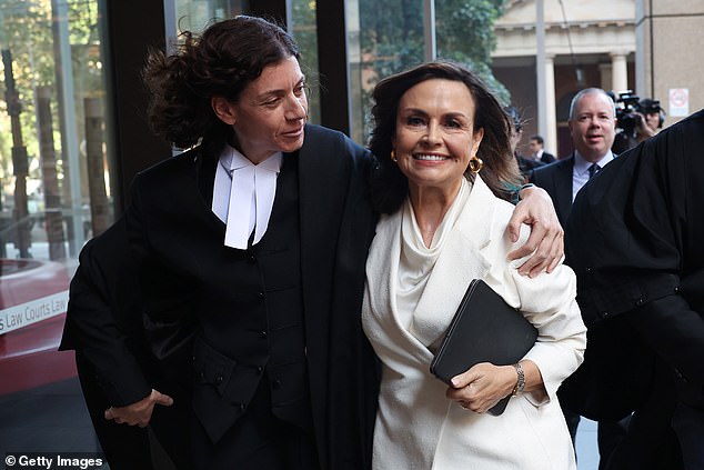 Sue Chrysanthou SC hugs a jubilant Lisa Wilkinson as they left court on Tuesday