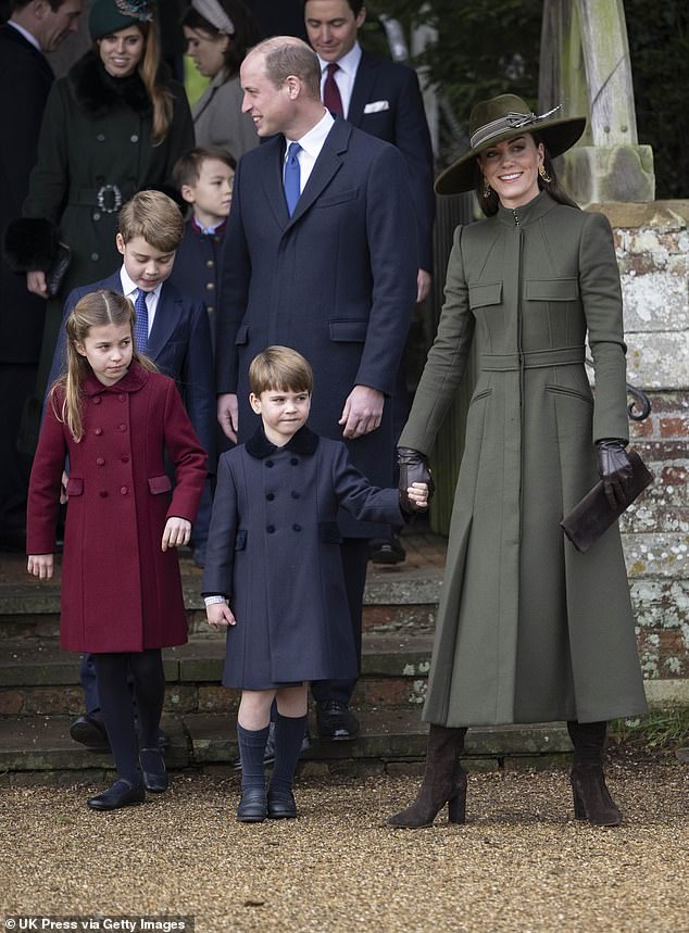 Pictured: The Prince and Princess of Wales with their three children after attending a church service at Sandringham in December 2022.