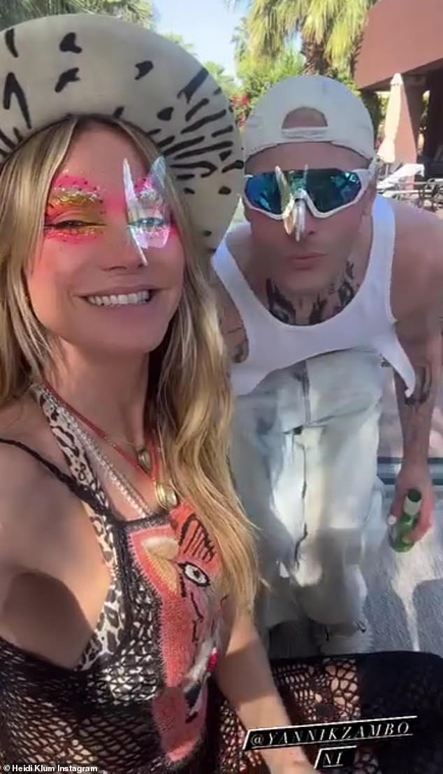 The supermodel is seen in a video she posted of herself enjoying a treat by the pool to cool off from the heat in the desert and before heading to the festival grounds.  She was seen hanging out with fashion designer and Making the Cut winner Yannik Zamboni.