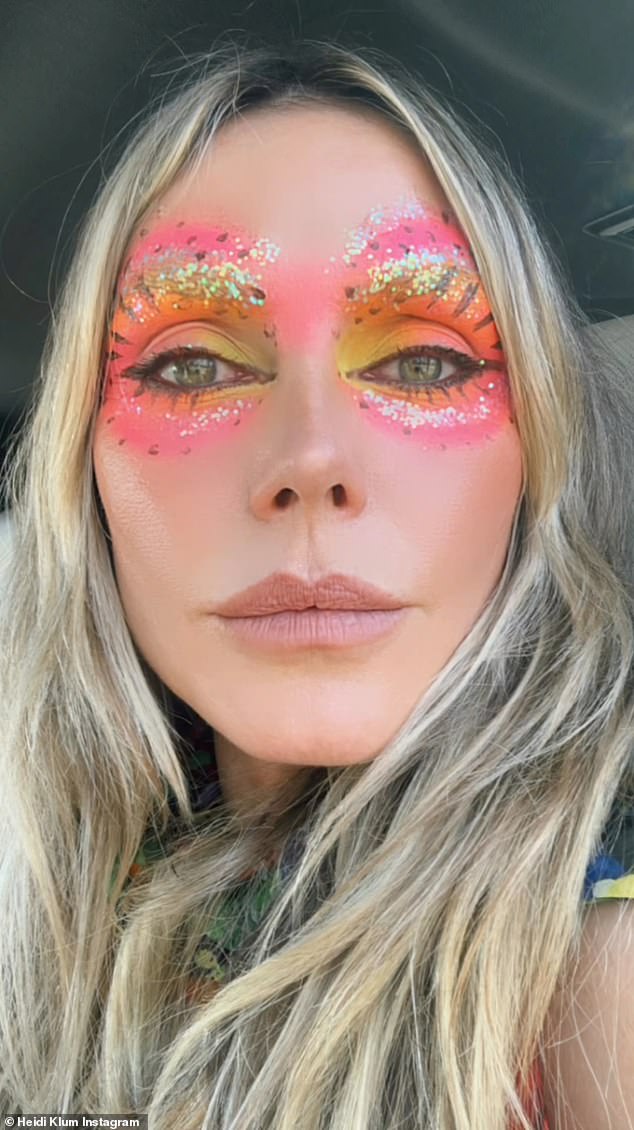 Heidi Klum showed off her dramatic face makeup in Instagram posts from the second day of the first weekend of the Coachella Festival in Indio Valley, California.