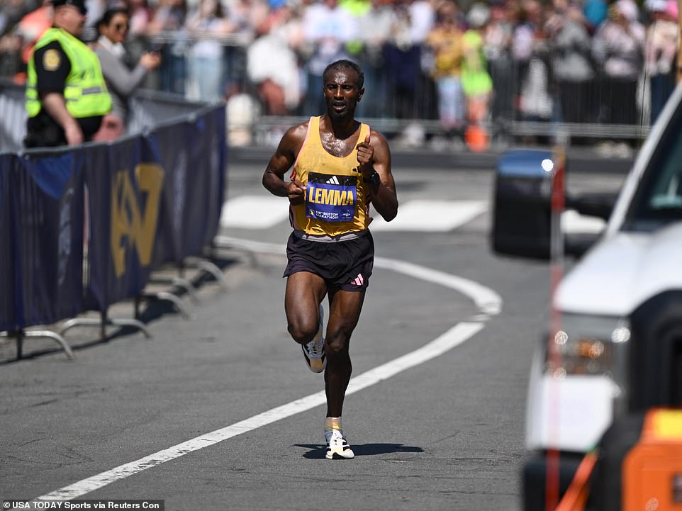 Sisay Lemma of Ethiopia leads the field during the 2024 Boston Marathon