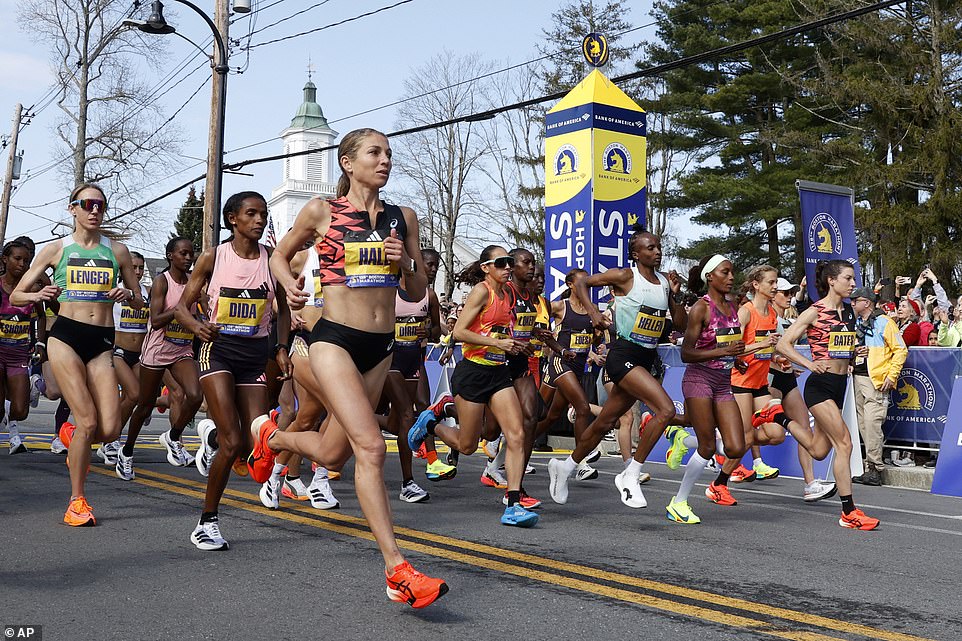 Elite runners leave the Boston Marathon starting line