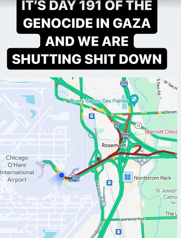 Chicago dissidents posted an image of a map showing road congestion as they blocked traffic Monday morning outside the airport.