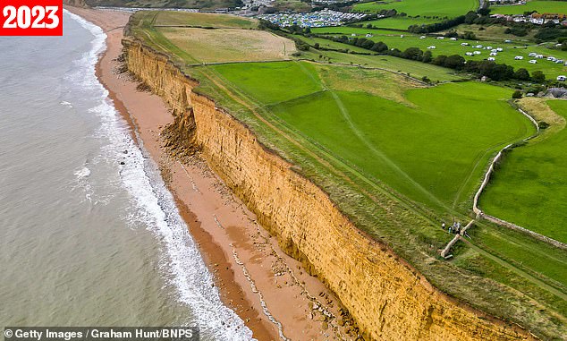 Pictured in 2023: Recent extreme weather has caused thousands of tonnes of rock to fall from the area around Burton Bradstock.