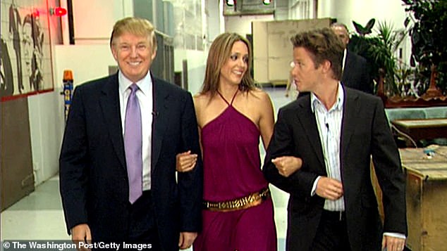 In this still from a 2005 video, Donald Trump prepares for an appearance on 'Days of Our Lives' with actress Arianne Zucker (center).  Accompanying him to set is Access Hollywood host Billy Bush.