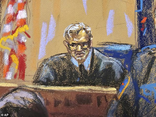 In this courtroom sketch, Judge Juan M. Merchan presides over the trial of former U.S. President Donald Trump in Manhattan criminal court in New York, Monday, April 15, 2024.