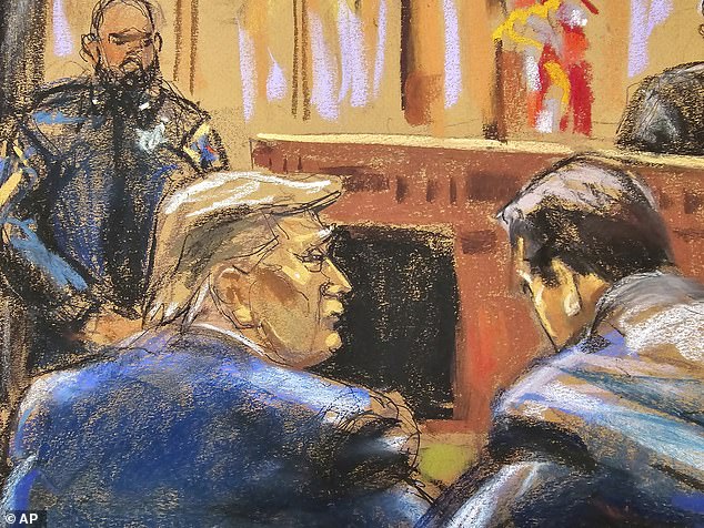 In this courtroom sketch, former U.S. President Donald Trump, left, sits with his attorney Todd Blanche, before Judge Juan M. Merchan, at the beginning of his trial in Manhattan criminal court in New York, the Monday, April 15, 2024.