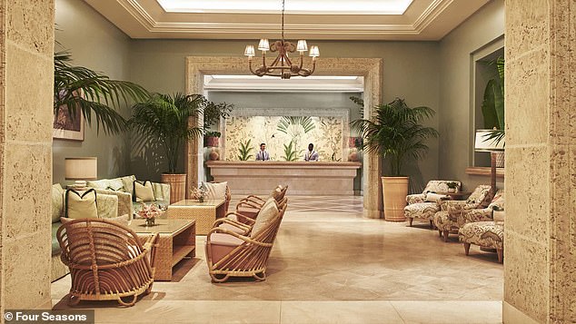 For those seeking adventure, there are paddle boards, kayaks or boogie boards, beach volleyball, and tennis courts. The lobby is in the photo.