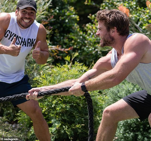 Hemsworth posted this photo to his Instagram in 2020, sharing his workout routine with friend and athlete Ross Edgley.