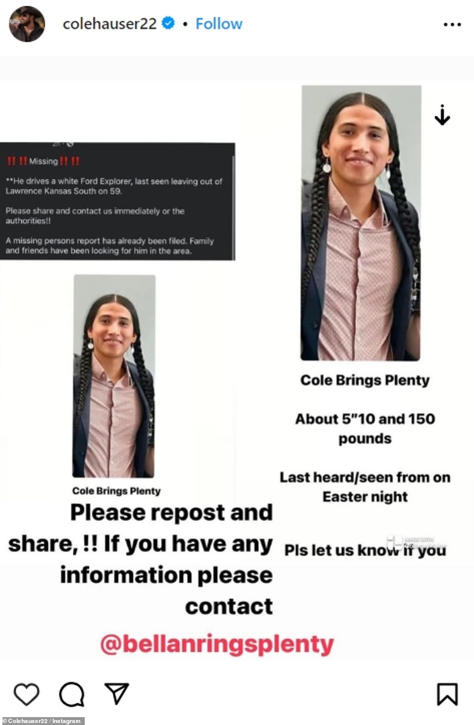 Mo's Yellowstone co-star Cole Hauser, who plays Rip Wheeler on the series, shared a poster on his Instagram, urging his followers to come forward with any information if they had seen Cole since Easter night in Kansas City.
