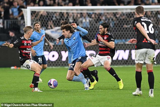 The man accused of giving the salute was sitting in the Western Sydney Wanderers supporters' area during their loss to their arch-rivals (pictured).