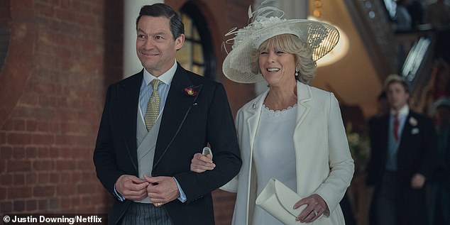 Dominic West as King Charles in the Netflix show The Crown marrying his on-screen wife Camilla