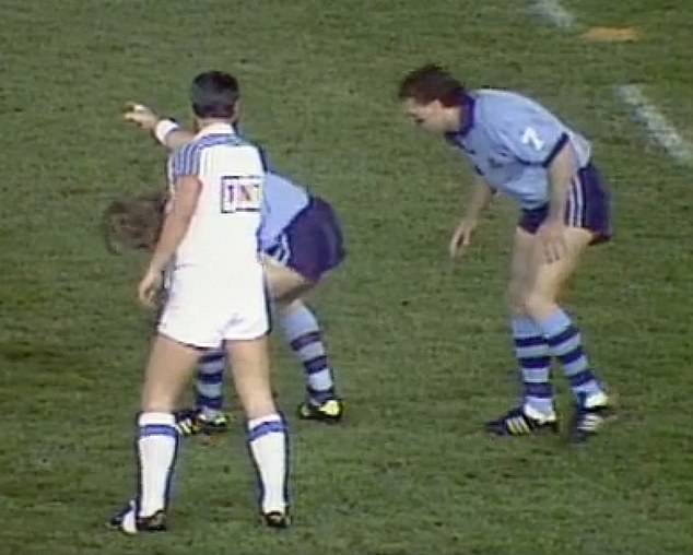 Hasler (left, hidden by referee) and Stuart (right) were the opening halves of the New South Wales Blues in State of Origin II in 1990.
