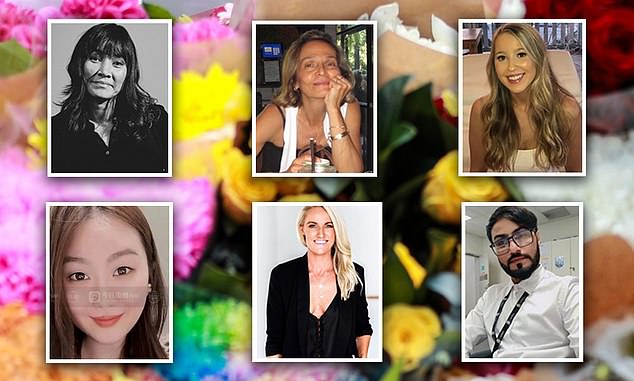 Six people were stabbed to death at Westfield Bondi Junction on Saturday (pictured left to right, Jade Young, 47, Pikria Darchia, 55, Dawn Singleton, 25, Yixuan Cheng, 27, Ashlee Good, 38 and Faraz Tahir, 30 ).