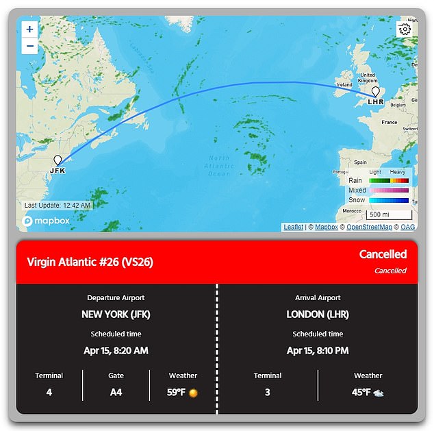 JFK Airport's flight tracker shows that the Virgin Atlantic flight from JFK to Heathrow was canceled Monday morning.