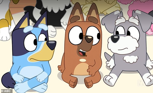 In the season three finale, titled 'The Sign,' some viewers noticed a subtle hint that Bluey's friend Pretzel (pictured center) has two moms.  A few minutes into the episode, Pretzel said: 