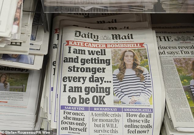 March 23: Daily Mail front page in a London store, reporting on Kate's diagnosis.
