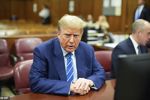 Former President Donald Trump awaits the start of the trial on the second day of jury selection at Manhattan Criminal Court, Tuesday, April 16, 2024, in New York.