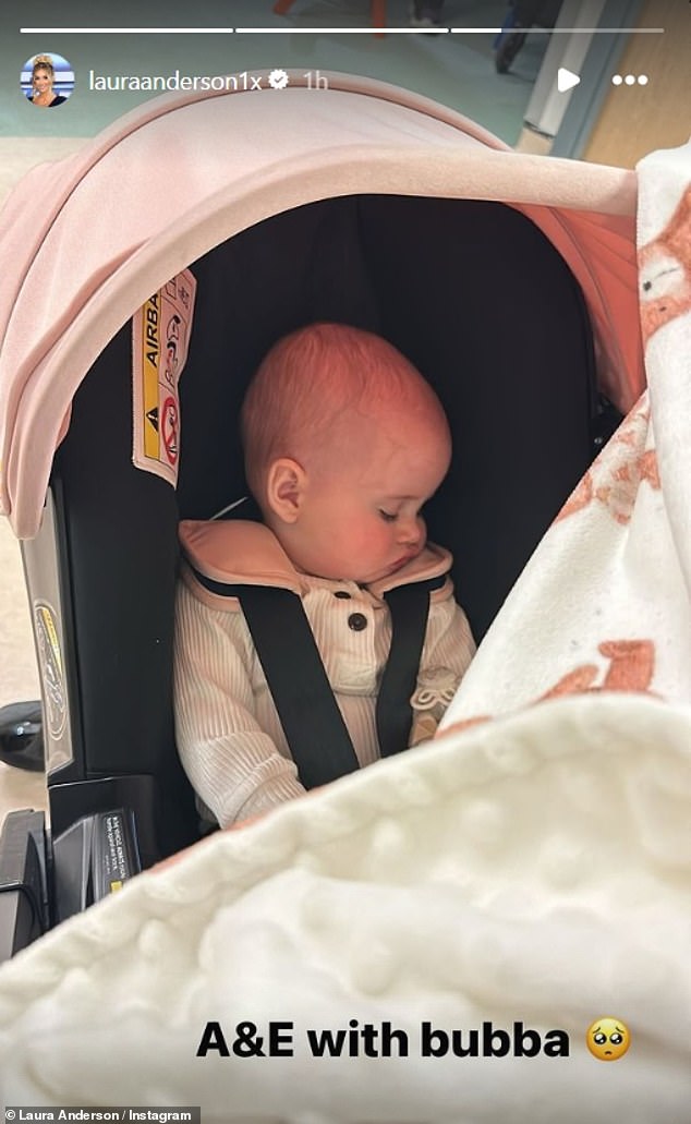 The Love Island star, 34, shared a photo of her seven-month-old daughter in her pram and told her fans: 'A&E with bubba.'