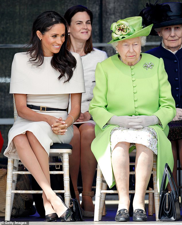 Cohen, nicknamed 'Samantha the Panther' for her no-nonsense attitude, served as Queen Elizabeth's press secretary for 17 years and then as her assistant and private secretary.  She stopped working for the royal household in 2019 after a period as private secretary to the Duke and Duchess of Sussex.  Above: Ms Cohen is seen behind the Queen and Meghan at a ceremony to open the Mersey Gateway Bridge in Widnes in June 2018.