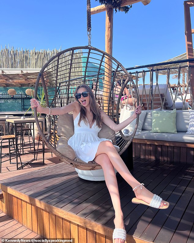 Vicky, pictured at the Nobu Hotel in Marrakech, now travels around the world by plane with her clients.
