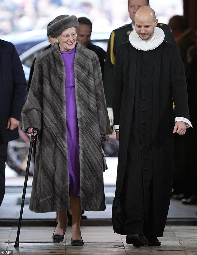 Former Queen Margaret of Denmark smiled at those in the pews of Aarhus Cathedral as she arrived for the service on January 21.