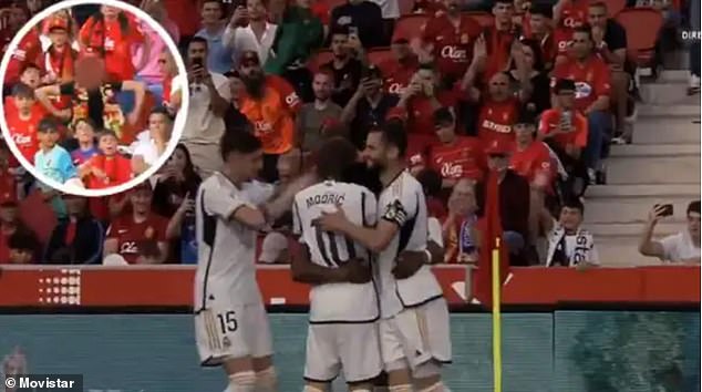 A Mallorca fan was seen making monkey gestures as Real Madrid celebrated Tchouameni's goal on Saturday - the Spanish broadcaster pixelated his face.