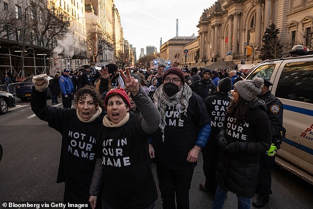 The war in Gaza is stirring passions in the United States that could affect the November elections.  Pictured: Jewish Voice for Peace protesters block traffic in front of the Metropolitan Museum of Art in New York.