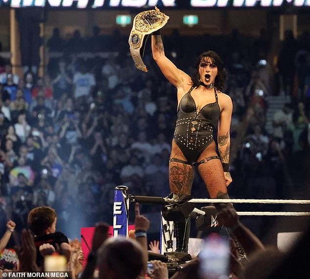 It comes after Ripley (pictured at WWE Elimination Chamber in Perth this year) rose through the ranks to become arguably the biggest Australian export in professional wrestling history.
