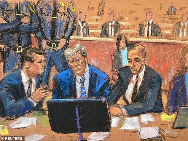 Donald Trump sits among his lawyers in Courtroom 1530 of Manhattan Criminal Court as jury selection continues into its second day Tuesday. But in the end, six jurors had been sworn in.